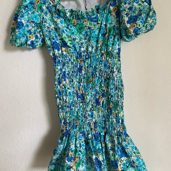 Zara Floral Print Smocked Bodice Ruffle Hem Square Neck Puff Sleeve Mini Dress S - Picture 6 of 14